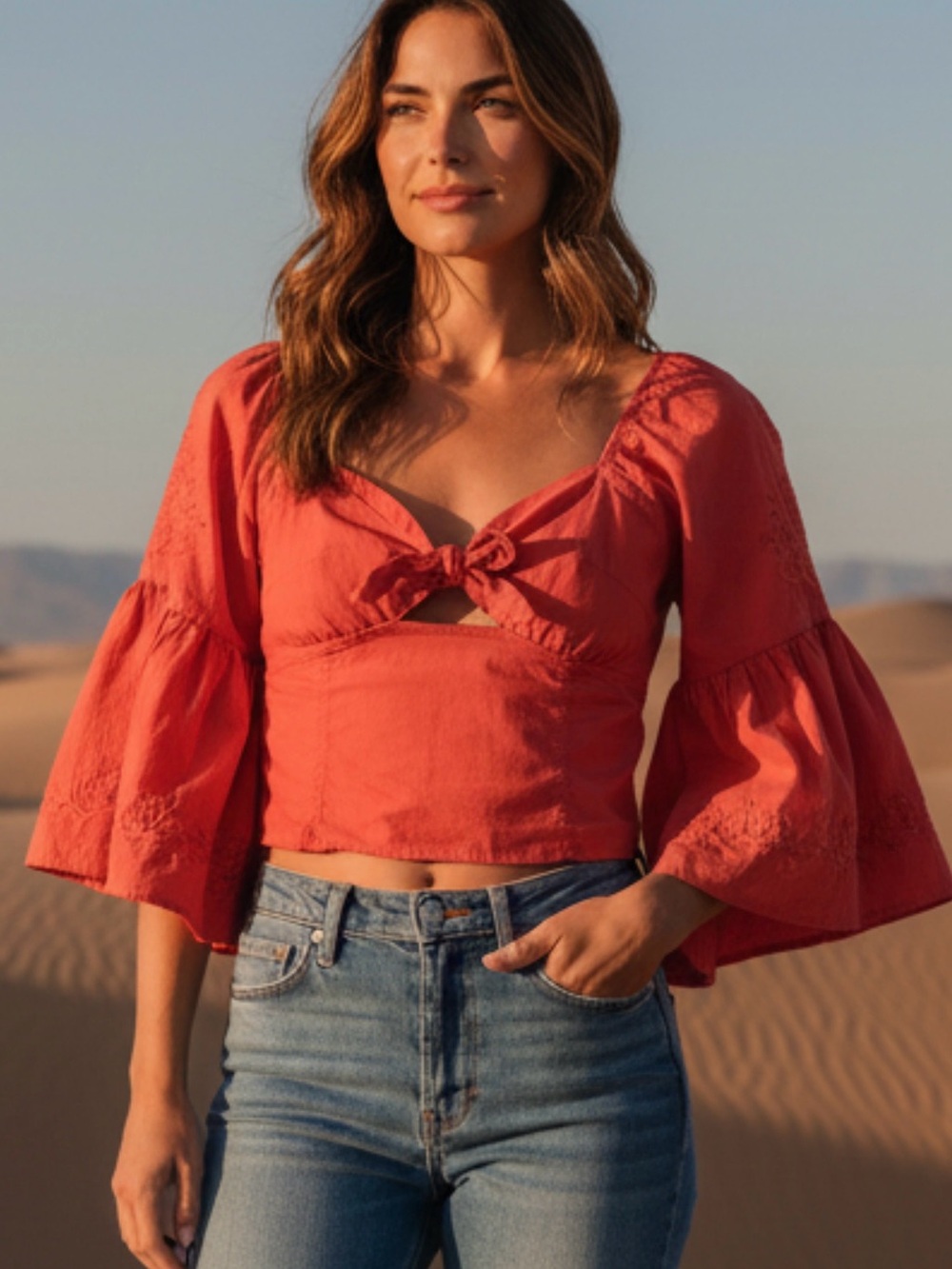 Free People Coral Knot-Front Bell Sleeve Crop Top